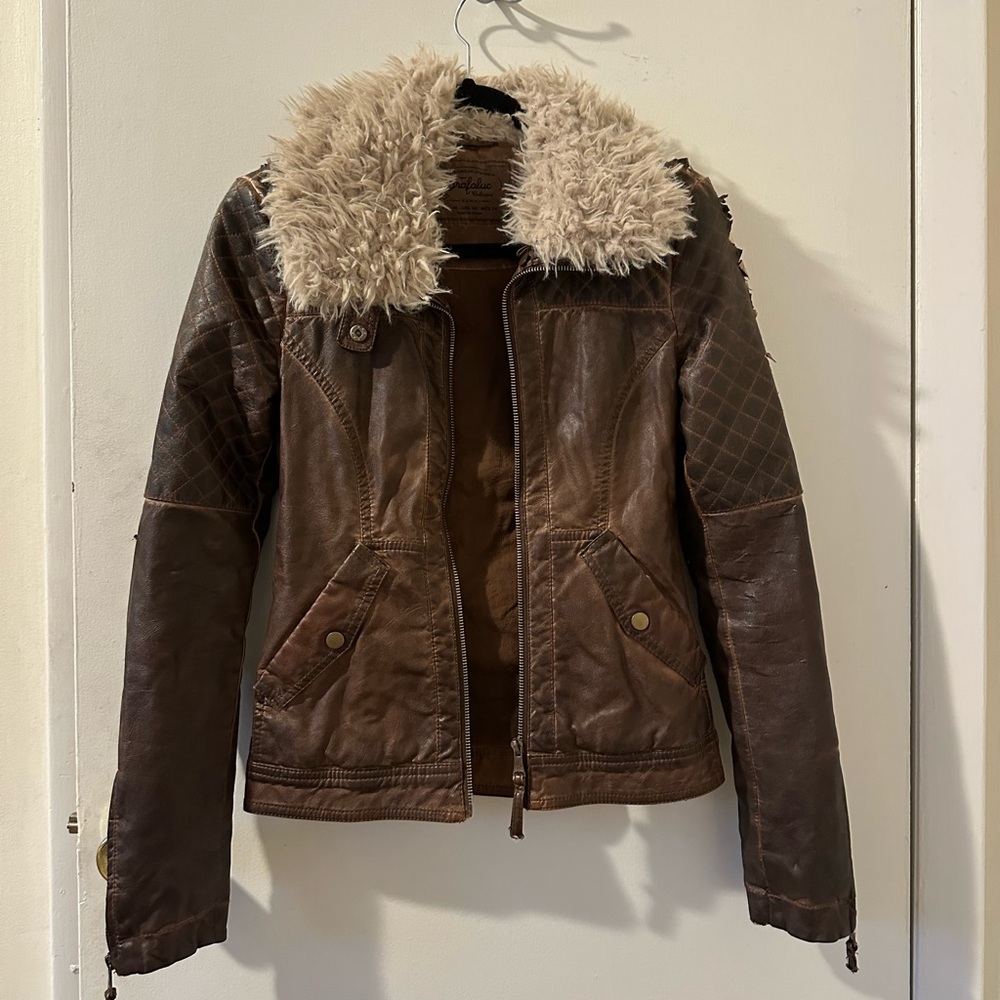 Vintage Zara Brown Leather Jacket with Removable Faux Fur Collar